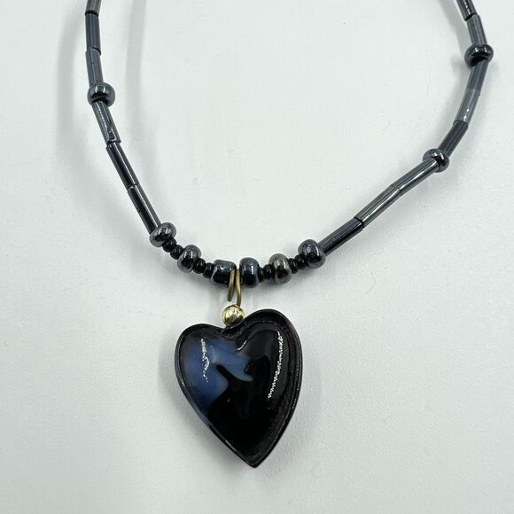 Art Glass Heart Pendant Black Beaded Necklace 16” Barrel Clasp Gothic Romance - Picture 4 of 6